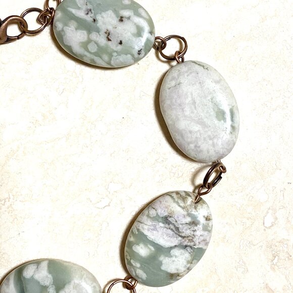 2/$20, Green Flower Agate Boho Bracelet, Large Genuine Gemstone + Copper Links - Picture 5 of 14